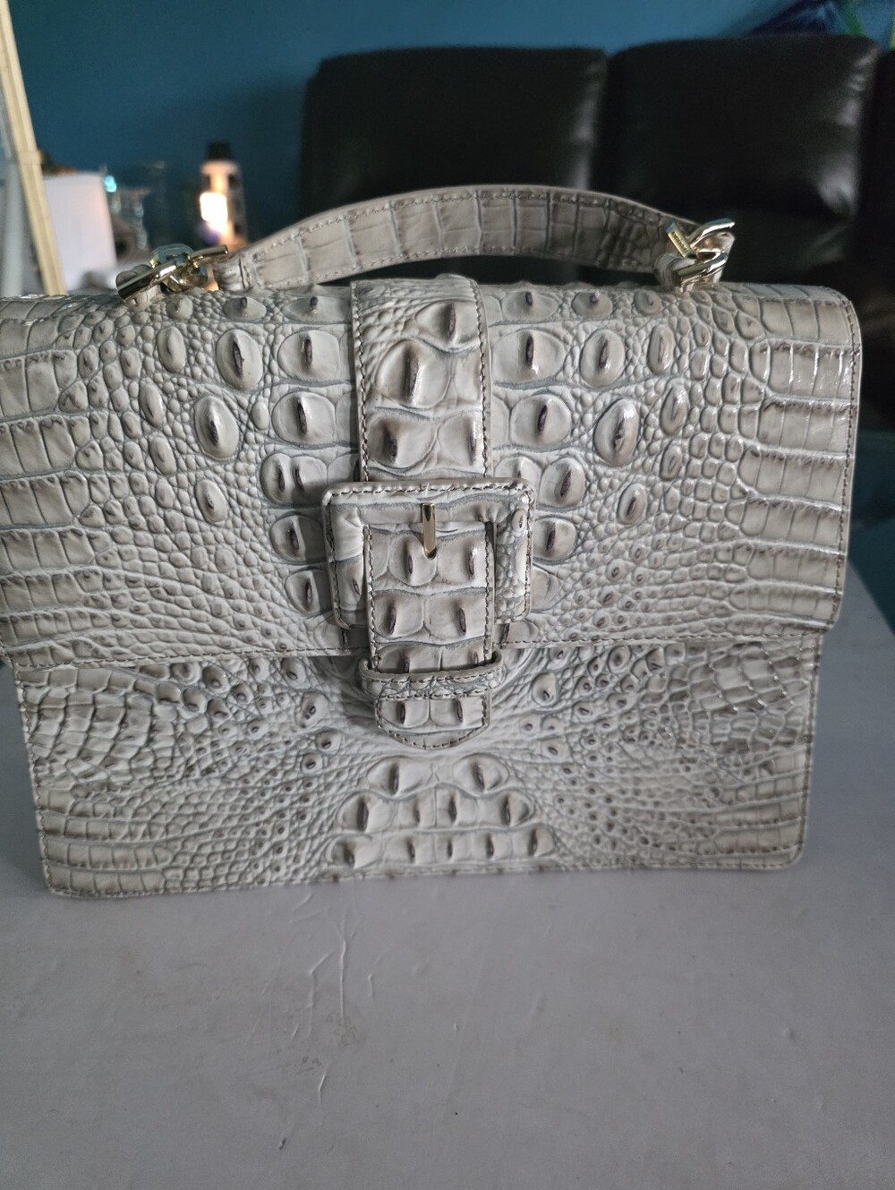 New Brahmin Croc-Embossed Top Handle Satchel in Light Gray